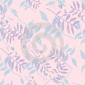 Random seamless forest branch boouquet pattern. Light pink background with blue and purple foliage ornament