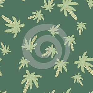 Random seamless pattern in doodle style with hand drawn tropical palm tree shapes. Green pale palette