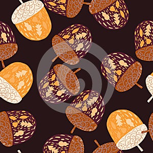 Random seamless pattern with doodle yellow and brown tones acorn elements. Dark brown background