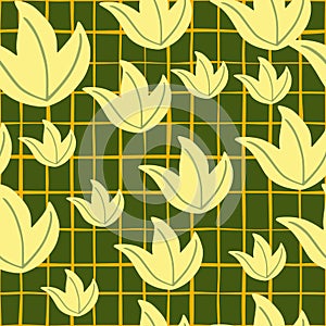 Random seamless pattern with light yellow leaf bush ornament print. Green chequered background