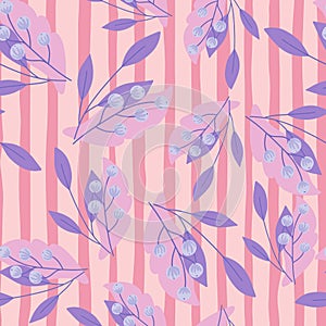 Random seamless pattern with purple cute rowan berry and leaf silhouettes. Pink striped background