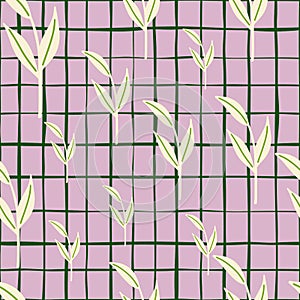 Random seamless pattern with white scandinavian leaf branches ornament. Lilac chequered background