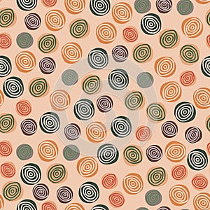 Random spirals seamless pattern. Hand drawn vector wallpaper. Artistic backdrop. Retro vintage style. Circle shape. Line drawing