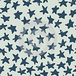 Random star elements seamless doodle pattern. Hand drawn ornament in navy blue tone on light background