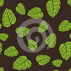 Random tropic nature seamless doodle pattern with bright green monstera leaf shapes. Brown background