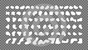 Random white shapes set on a transparent background. Organic abstract splodge elements monochrome collection. Vector.