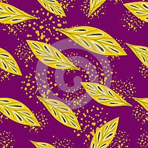 Random yellow leaf silhouettes seamless pattern in hand drawn style. Purple background with splashes