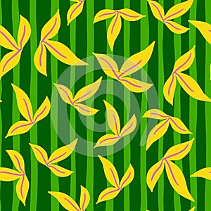 Random yellow simple leaf ornament seamless pattern. Green striped background. Doodle style