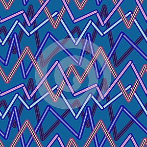 Randomly crossing colored lines located zigzag making pattern.Blue background
