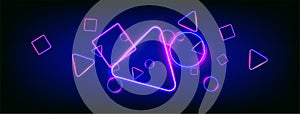 Randomly places neon glowing shapes circle, square, triangle. Popular game symbols. Wide gaming background.