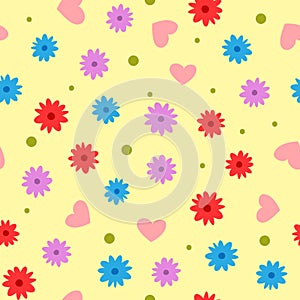 Randomly scattered flowers, hearts, dots. Cartoon seamless pattern.