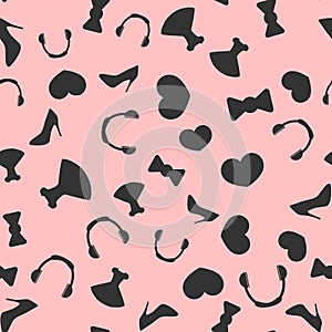 Randomly scattered silhouettes of dresses, stilettos, hearts, headphones, bows. Seamless pattern.