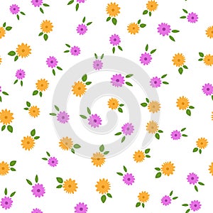 Randomly scattered small flowers with leaves. Colored floral seamless pattern.