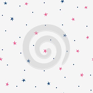 Randomly scattered small stars and dots. Cute seamless pattern.