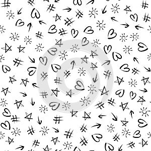 Randomly scattered suns, stars, arrows, hashes, hearts. Seamless pattern.