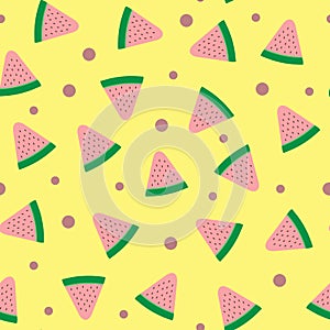 Randomly scattered watermelon slices and points. Colorful seamless pattern.