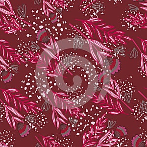 Randon forest bouquet silhouettes seamless pattern. Doodle botanic print in maroon and pink tones on background with splashes