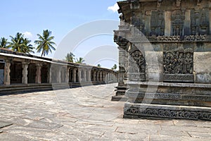 Ranganayaki, Andal, temple wall and courtyard Chennakeshava temple. Belur, Karnataka. View from West.