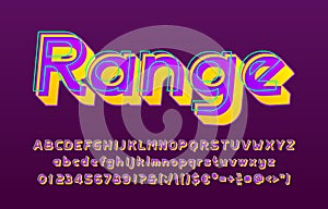Range alphabet font. 3D effect letters, numbers and punctuations. Uppercase and lowercase.