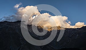 Range of mountains by Kazbegi, Georgia. in sunset