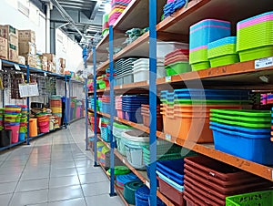 A range of plastic tools in various colors is displayed neatly in the supermarket.