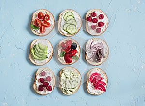 Range of sandwiches - sandwiches with cheese, tomatoes, anchovies, roasted peppers, raspberries, avocado, bean pate, cucumber