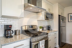 Rangehood over stove in modern kitchen with microwave and coffeemaker