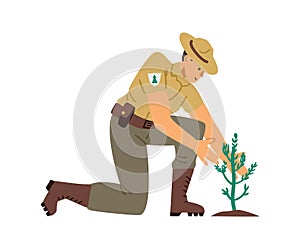 Ranger or forester monitors new plantings, flat vector illustration isolated.