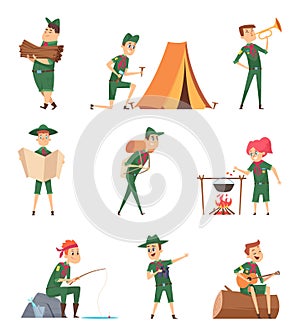 Rangers kids. Little scouts in green uniform survival characters with backpack studying vector childrens