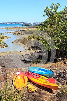 Rangitoto Island, New Zealand, Kayaks in a small inlet