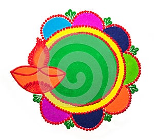 Rangoli design made with colourful powder for Diwali, Pongal, Onam festivals in India