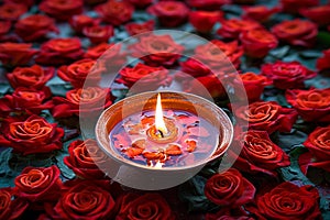 Rangoli elegance red rose floral design with a lit diya