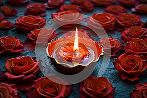 Rangoli elegance red rose floral design with a lit diya