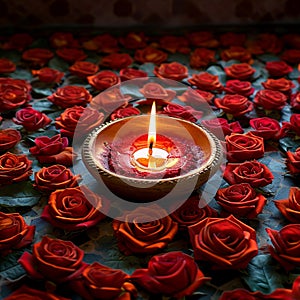 Rangoli elegance red rose floral design with a lit diya