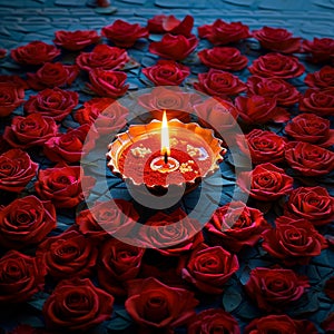 Rangoli elegance red rose floral design with a lit diya