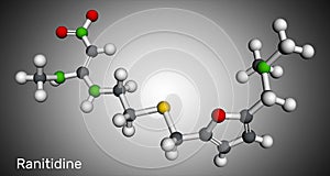 Ranitidine  molecule. It is used for treatment of peptic ulcer disease. Molecular model. 3D rendering