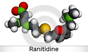 Ranitidine  molecule. It is used for treatment of peptic ulcer disease. Molecular model. 3D rendering photo