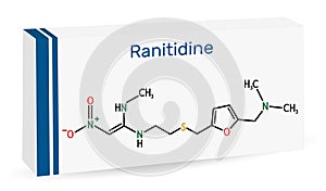 Ranitidine  molecule. It is used for treatment of peptic ulcer disease. Skeletal chemical formula. Paper packaging for drugs