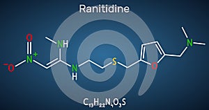 Ranitidine  molecule. It is used for treatment of peptic ulcer disease. Structural chemical formula on the dark blue background.