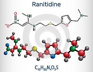 Ranitidine  molecule. It is used for treatment of peptic ulcer disease. Structural chemical formula and molecule model photo