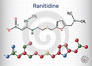 Ranitidine  molecule. It is used for treatment of peptic ulcer disease. Structural chemical formula and molecule model. Sheet of