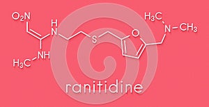 Ranitidine peptic ulcer disease drug molecule. Blocks stomach acid production. Skeletal formula.