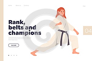 Rank, belt and champion concept for landing page design template with female karate woman character