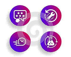 Ranking star, Recovery tool and Fast delivery icons set. Chemistry experiment sign. Vector