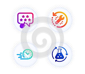 Ranking star, Recovery tool and Fast delivery icons set. Chemistry experiment sign. Vector