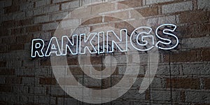 RANKINGS - Glowing Neon Sign on stonework wall - 3D rendered royalty free stock illustration