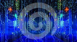 Ranks of supercomputer data center in the background Binary circuit board future technology