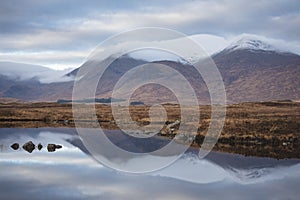 Rannoch moor reflection on a calm morning, Scotland