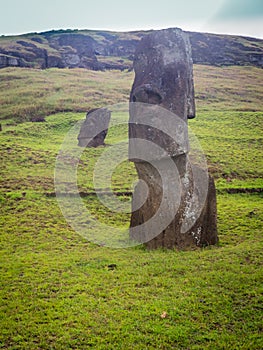 Rano Raraku volcano, the quarry of the moai with many uncompleted statues. Rapa Nui National Park, Easter Island, Chile. UNESCO