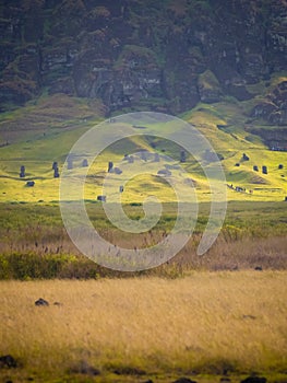 Rano Raraku volcano, the quarry of the moai with many uncompleted statues. Rapa Nui National Park, Easter Island, Chile. UNESCO